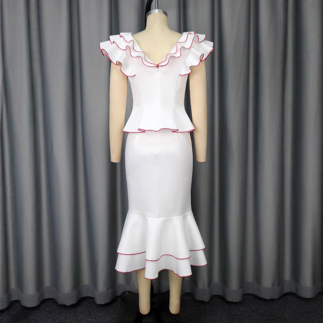 Damen figurbetontes Kleid mit voluminösem Rüschensaum und farbigem Akzent R&B