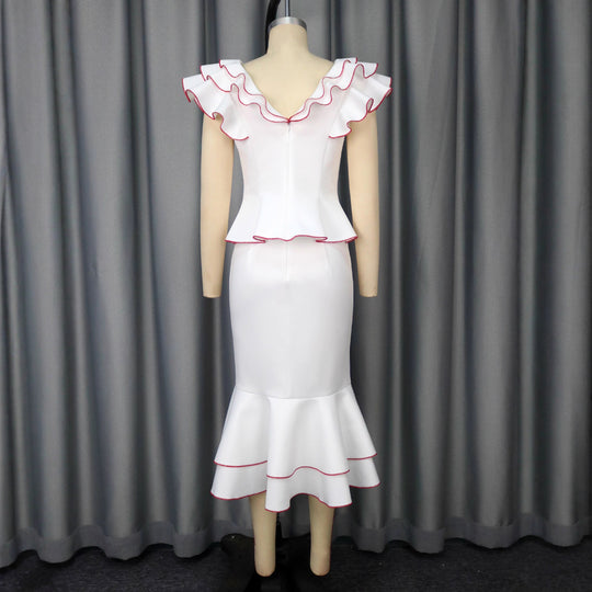 Damen figurbetontes Kleid mit voluminösem Rüschensaum und farbigem Akzent R&B