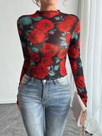 Damen nan figurbetontes Netz-Langarmshirt mit Rosenmotiv, Stehkragen und Wellensaum R&B