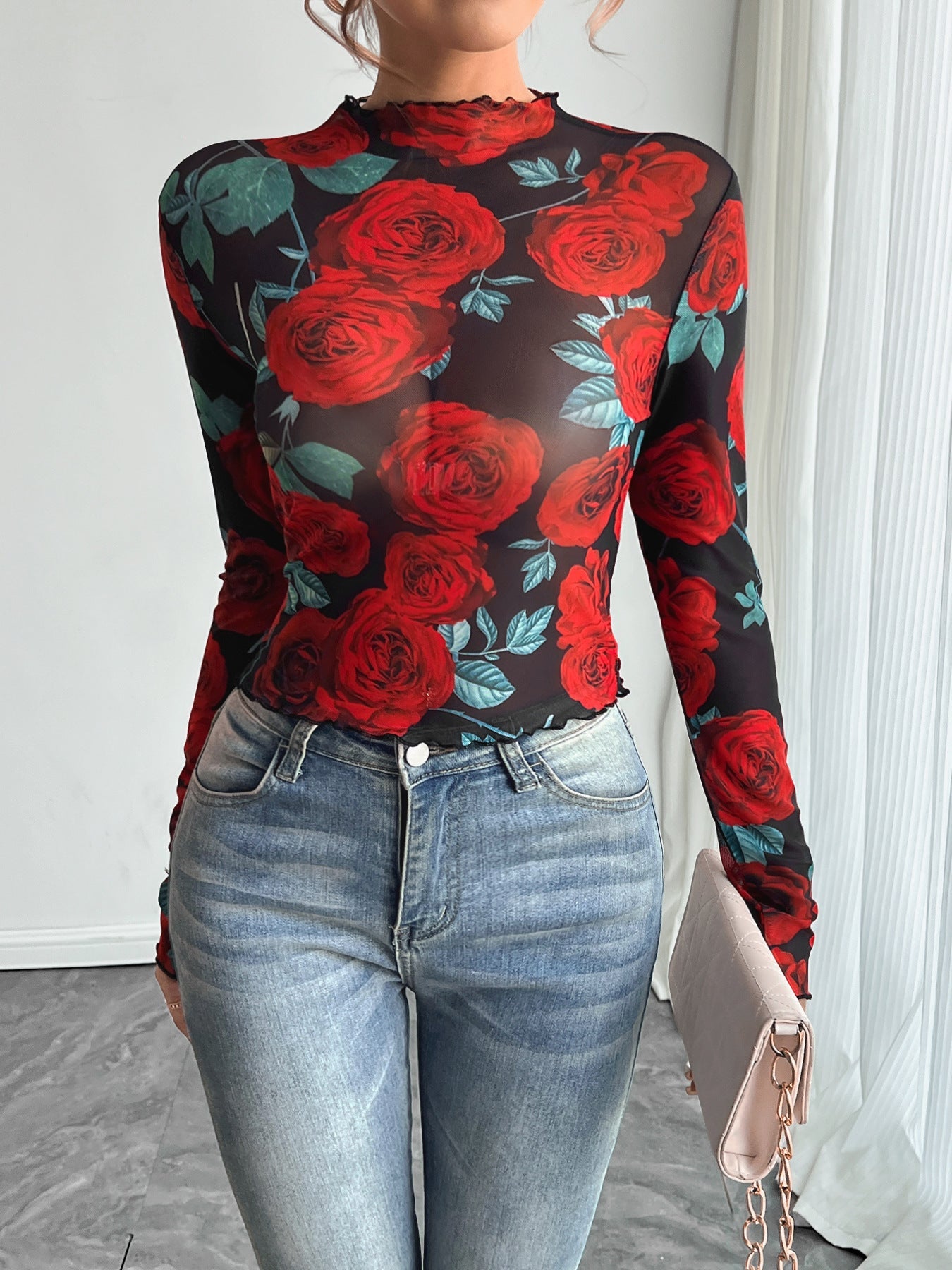 Damen nan figurbetontes Netz-Langarmshirt mit Rosenmotiv, Stehkragen und Wellensaum R&B
