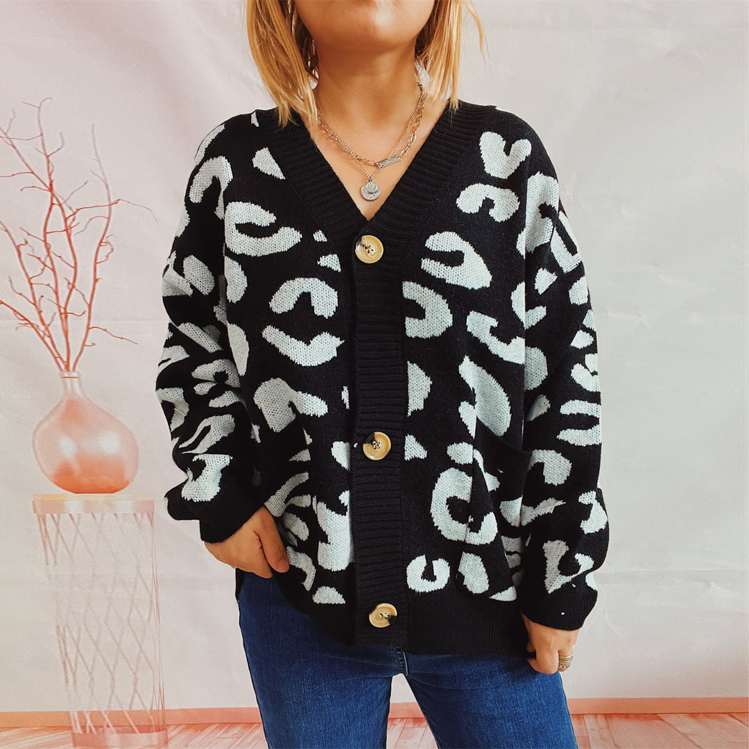 Damen grob gestrickte Cardigan mit tierischem Leopardenmuster und Knopfdetails R&B
