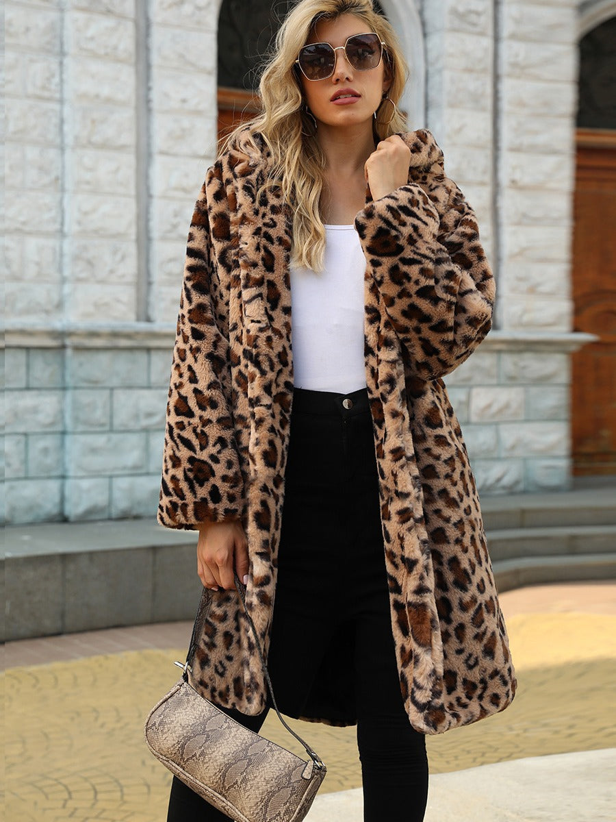 Damen Eleganter Leopardenmuster Mantel aus Kunstfell R&B