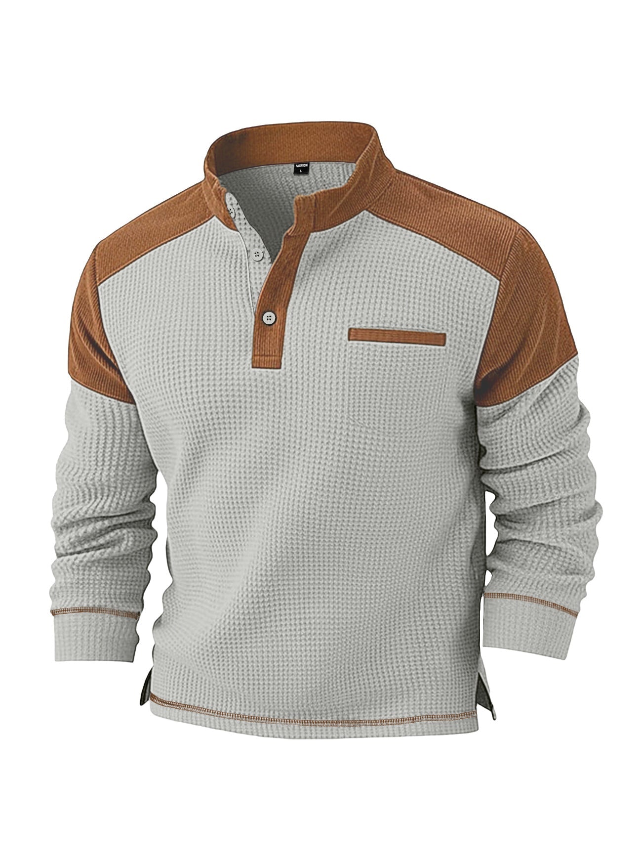 Herren nan Waffelstrick-Henley mit Stehkragen, Cord-Schulterpasse und Brustpaspel R&B