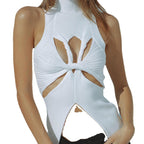 Damen figurbetontes Cut-Out Top mit hohem Kragen R&B