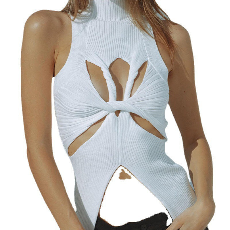 Damen figurbetontes Cut-Out Top mit hohem Kragen R&B