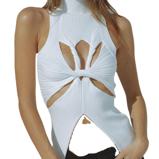 Damen figurbetontes Cut-Out Top mit hohem Kragen R&B