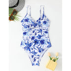 Damen Einteiler Badeanzug mit modischem floralen Design und hoch geschnittenem Ausschnitt R&B