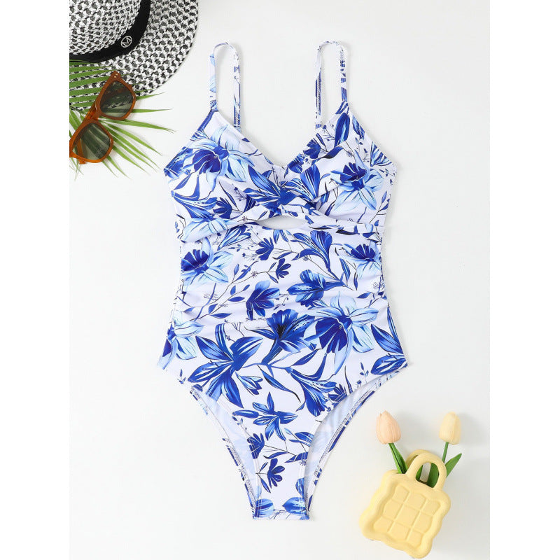 Damen Einteiler Badeanzug mit modischem floralen Design und hoch geschnittenem Ausschnitt R&B