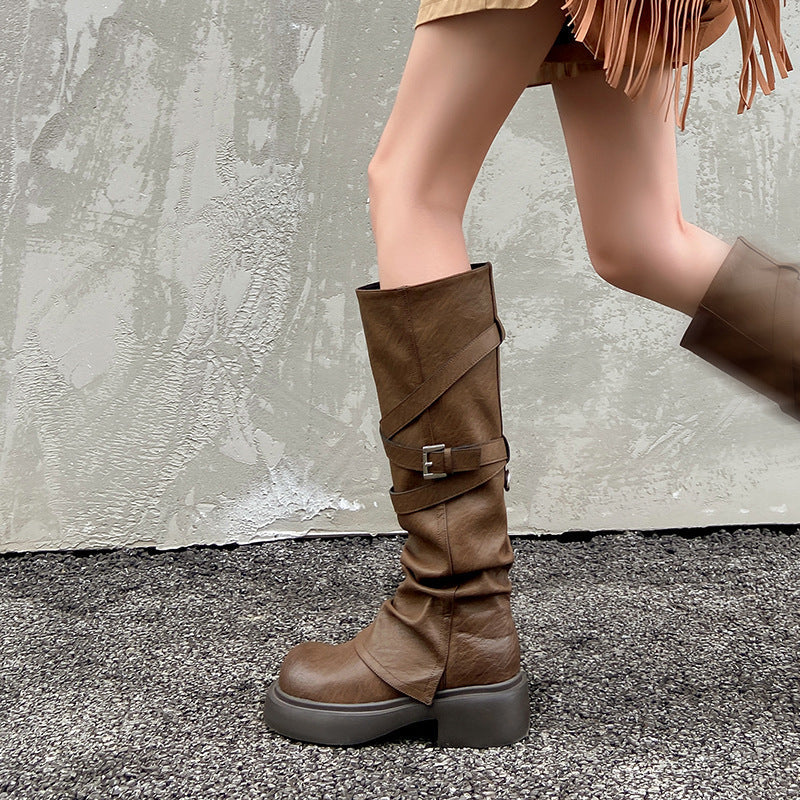 Damen modische Overknee-Stiefel mit stylischem Riemen-Design R&B