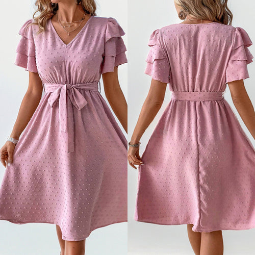 Damen Midi-Kleid mit schickem V-Ausschnitt und voluminösen Rüschensäumen R&B