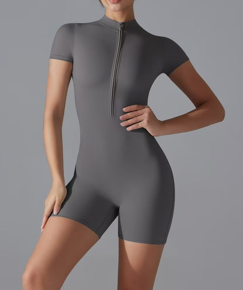 Damen Sportliche Kurzarm-Jumpsuit mit Reißverschluss R&B