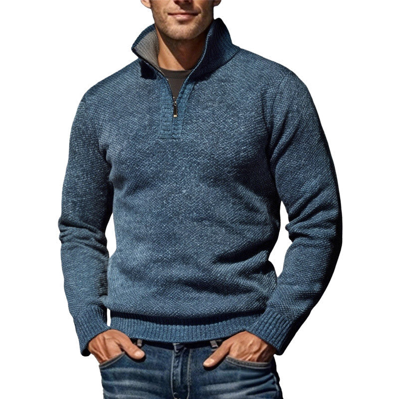 Herren nan grobgestrickter Strickpullover mit halbem Reißverschluss und hohem Stehkragen R&B