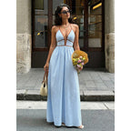 Damen Maxi-Kleid mit tiefem V-Ausschnitt und raffiniertem Streifenmuster R&B