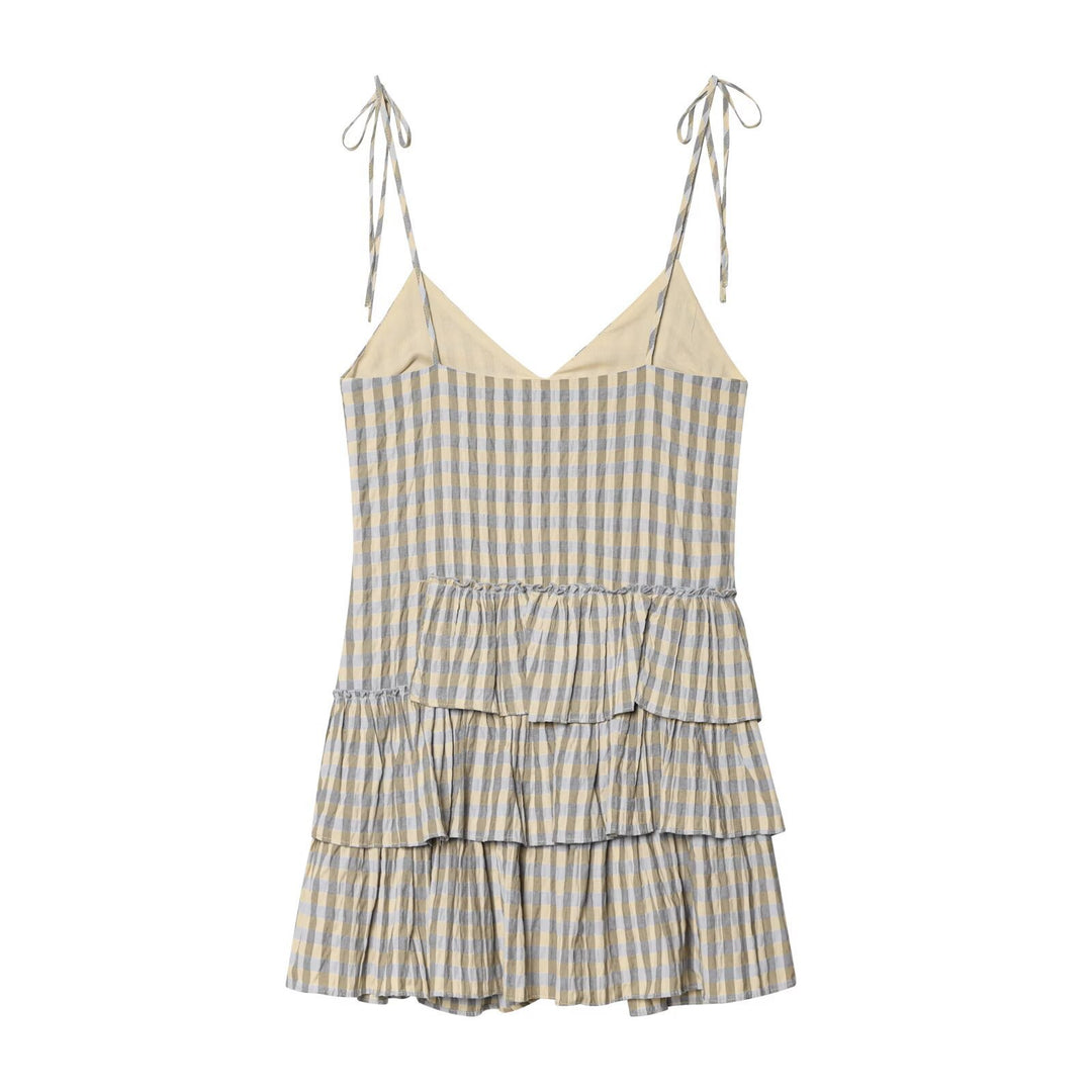 Damen luftiges V-Ausschnitt Sommerkleid mit Rüschen und verstellbaren Trägern R&B
