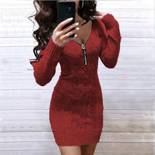 Damen Strickkleid mit tiefem V-Ausschnitt und dekorativem Reißverschluss R&B