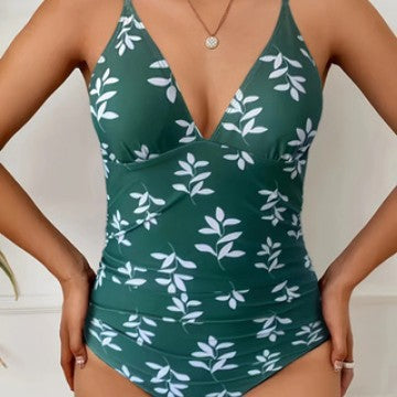 Damen Einteiler Badeanzug mit elegantem V-Ausschnitt und floralem Design R&B