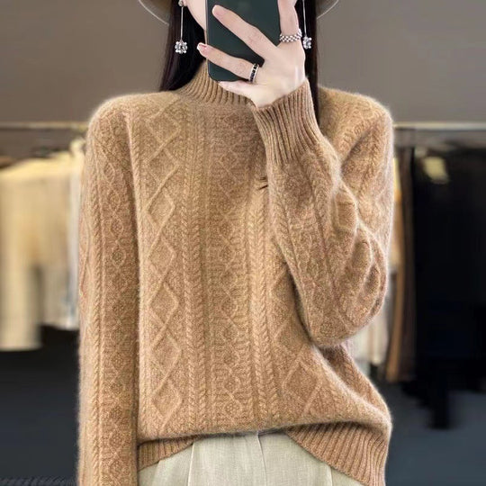 Damen Hochwertiger Strickpullover mit Stehkragen und Zopfdesign R&B