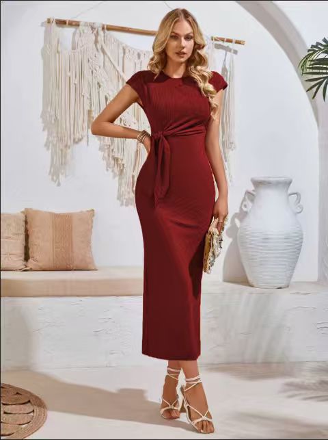 Damen elegantes Maxikleid mit innovativer Raffung und Taillengürtel R&B