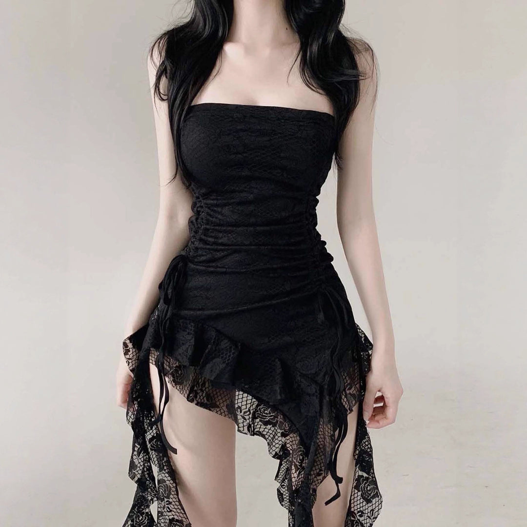 Damen Bodycon Kleid mit raffiniertem Rüschensaum und zusätzlichem Spitzenbesatz R&B