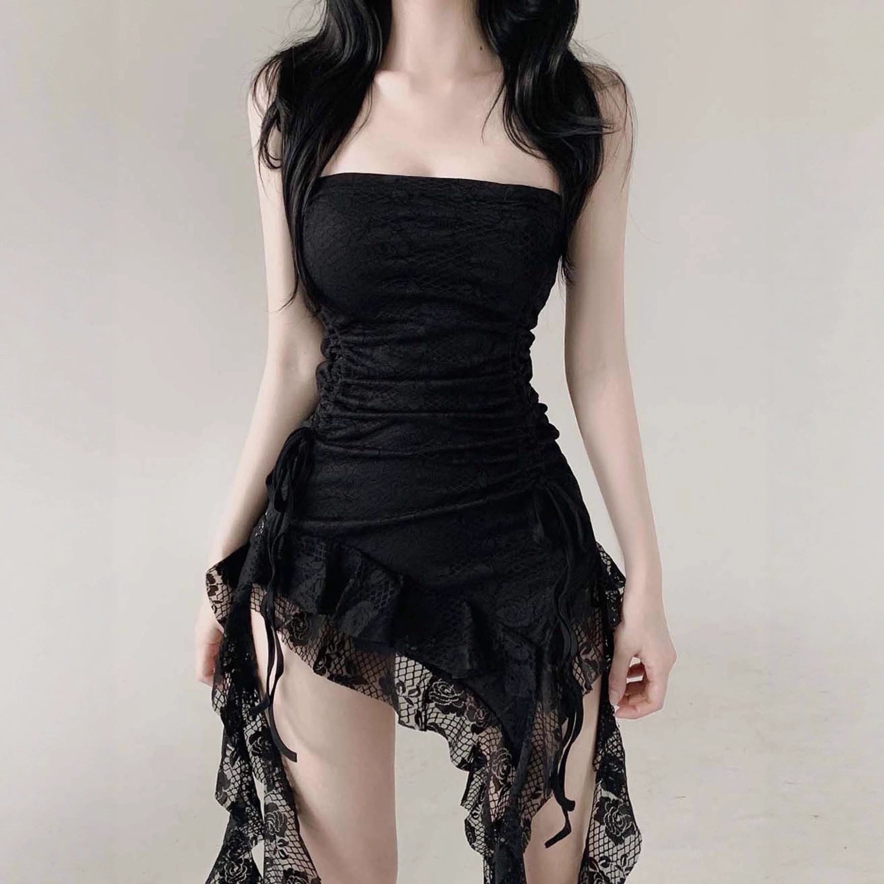 Damen Bodycon Kleid mit raffiniertem Rüschensaum und zusätzlichem Spitzenbesatz R&B