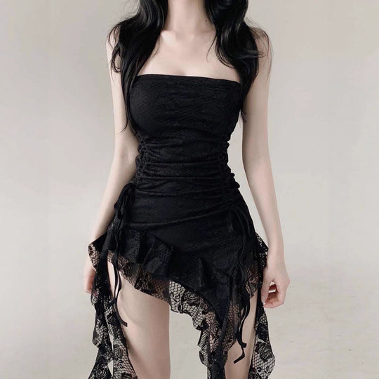Damen Bodycon Kleid mit raffiniertem Rüschensaum und zusätzlichem Spitzenbesatz R&B