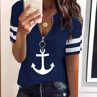 Damen Maritimes Kurzarm-Oberteil mit Reißverschluss und Ankerdesign R&B
