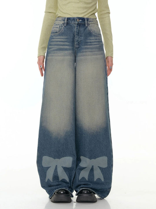 Damen Weite Denim-Hose mit aufregenden Schleifendetails R&B