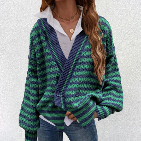 Damen Grobstrick Cardigan mit V-Ausschnitt und modernen Streifen R&B