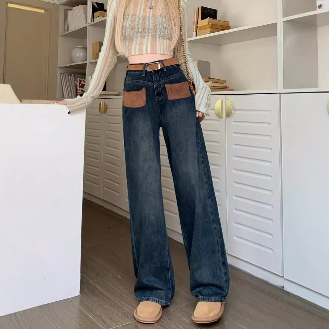 Damen Weite Jeanshose mit modischen Taschen und hohem Bund R&B
