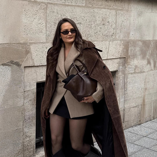 Damen Langer Vegan ledermantel mit markanten Klappen R&B