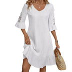 Damen Kurzarm Kleid mit voluminösem Saum und Spitzenärmeln R&B