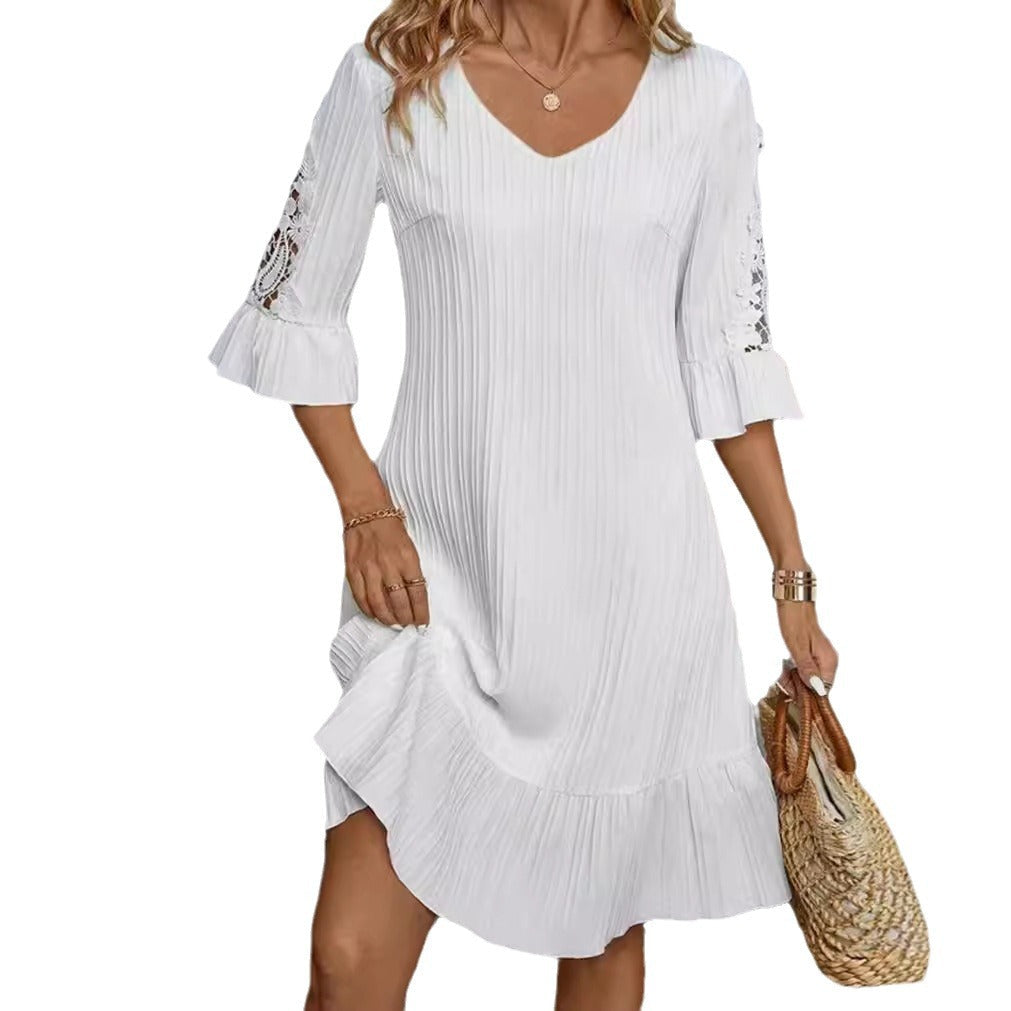 Damen Kurzarm Kleid mit voluminösem Saum und Spitzenärmeln R&B