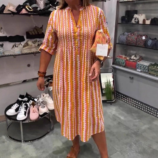 Damen nan Midikleid mit Unterbrustnaht, V-Ausschnitt, Knopfleiste und krempelbaren dreiviertelärmeln R&B