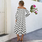 Damen Off-Shoulder Maxikleid mit Polka-Dots und elastischem Bund R&B