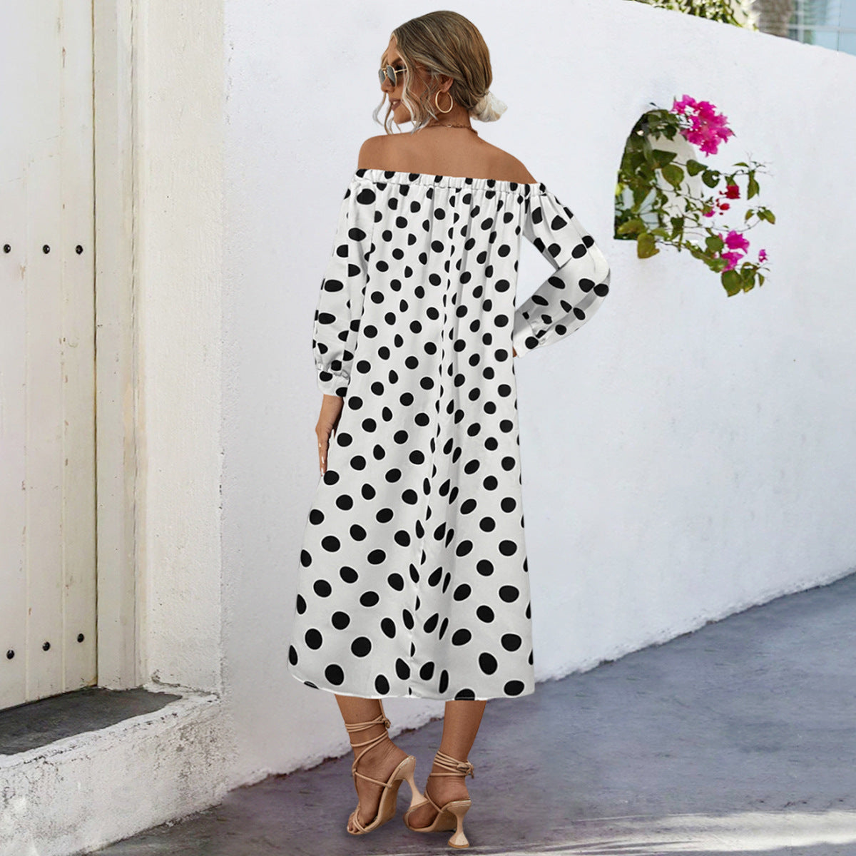 Damen Off-Shoulder Maxikleid mit Polka-Dots und elastischem Bund R&B