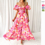 Damen Maxikleid mit voluminösen Puffärmeln und floralem Muster