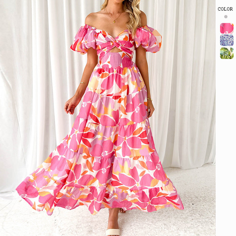 Damen Maxikleid mit voluminösen Puffärmeln und floralem Muster
