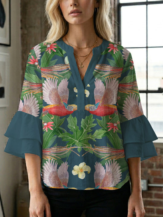 Damen Bluse mit voluminösen Ärmeln und floralem Design R&B