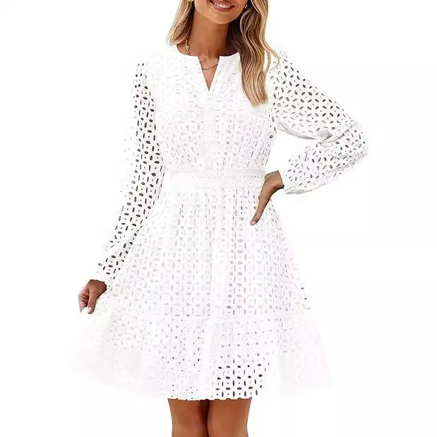 Damen luftiges Blusenkleid mit dekorativem Lochmuster und kräftigen Ärmel R&B