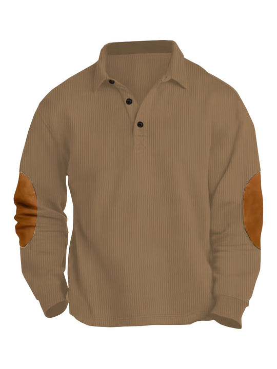 Herren nan legeres Langarm-Poloshirt mit Hemdkragen, kurzer Knopfleiste, feiner Struktur und Velours-Ellenbogenbesatz R&B