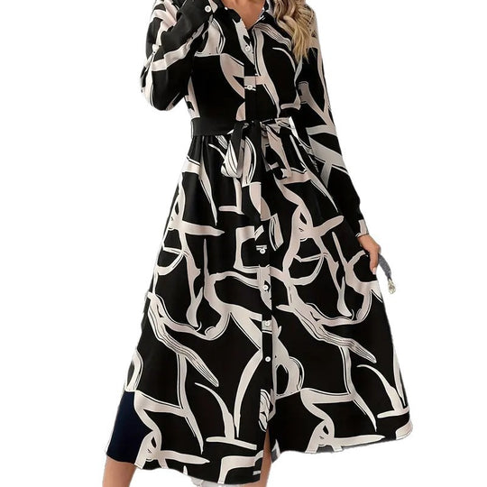 Damen Hemdblusenkleid mit raffiniertem Muster und tailliertem Gürtel R&B
