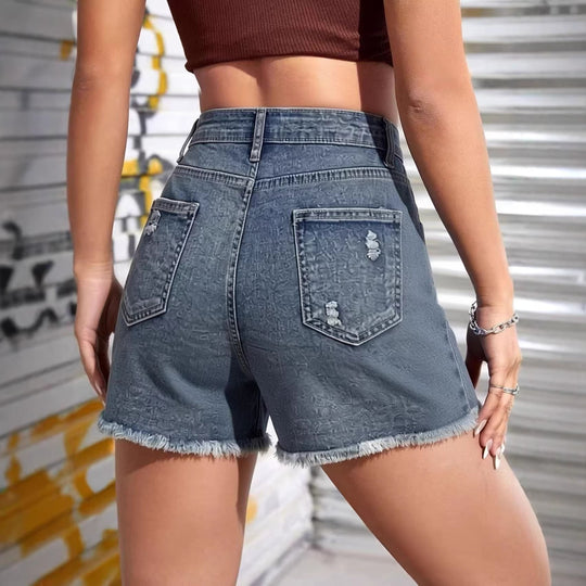 Damen lässige Destroyed Jeansshorts mit hohem Bund und fransigen Abschlüssen R&B