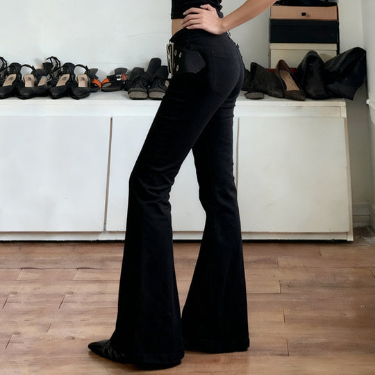 Damen Flared Jeans mit verstellbarem Gürtel und modischem Lochdesign R&B