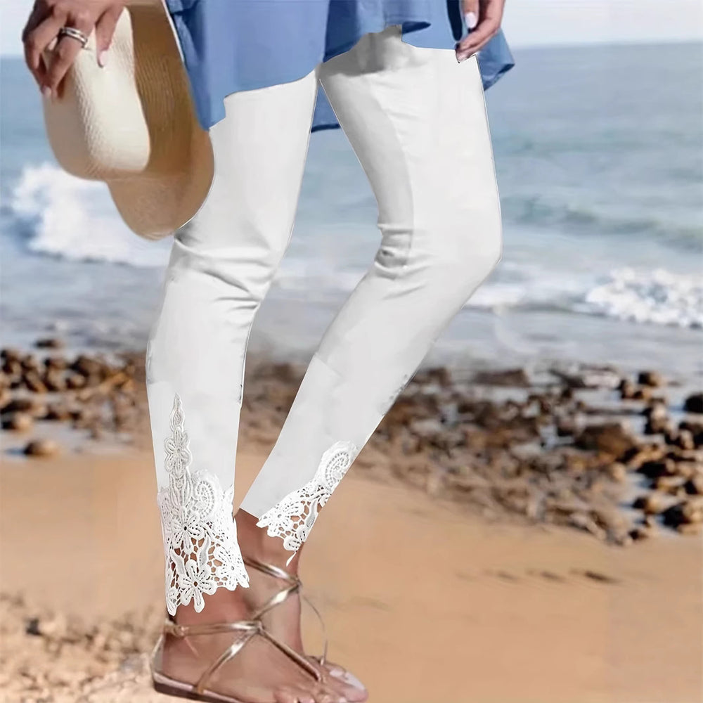 Damen Leggings mit spitzenbesetztem Saum und elastischem Bund R&B