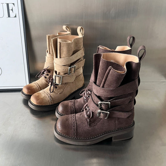 Damen elegante Stiefel mit modischen Schnallen und verstellbaren Riemen R&B