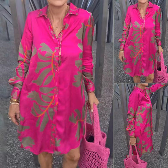 Damen nan locker fallendes Hemdblusenkleid mit durchgehender Knopfleiste Hemdkragen Manschetten und großem botanischem Print R&B