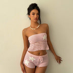 Damen gehäkeltes Strand-Set mit verstellbarem Oberteil und Shorts R&B