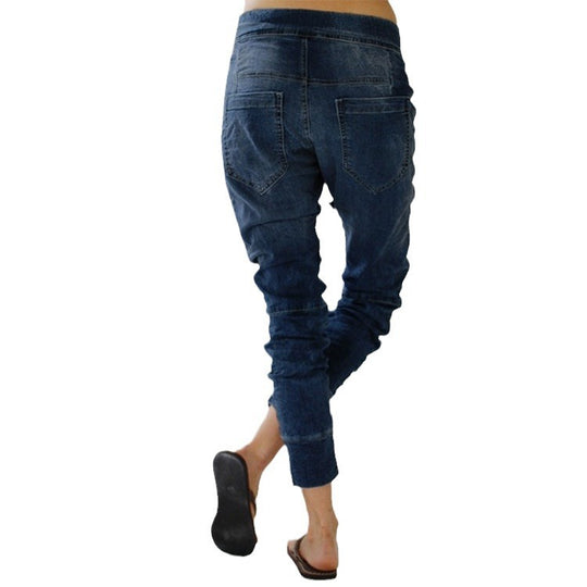 Damen lässige Denim-Haremshose mit Gummizug und tiefem Schritt R&B