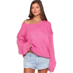 Damen oversized Strickpullover mit offenen Schultern und voluminösen Ärmeln R&B