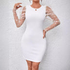 Damen Figurbetontes Kleid mit transparenten Puffärmeln und floralen Akzenten R&B
